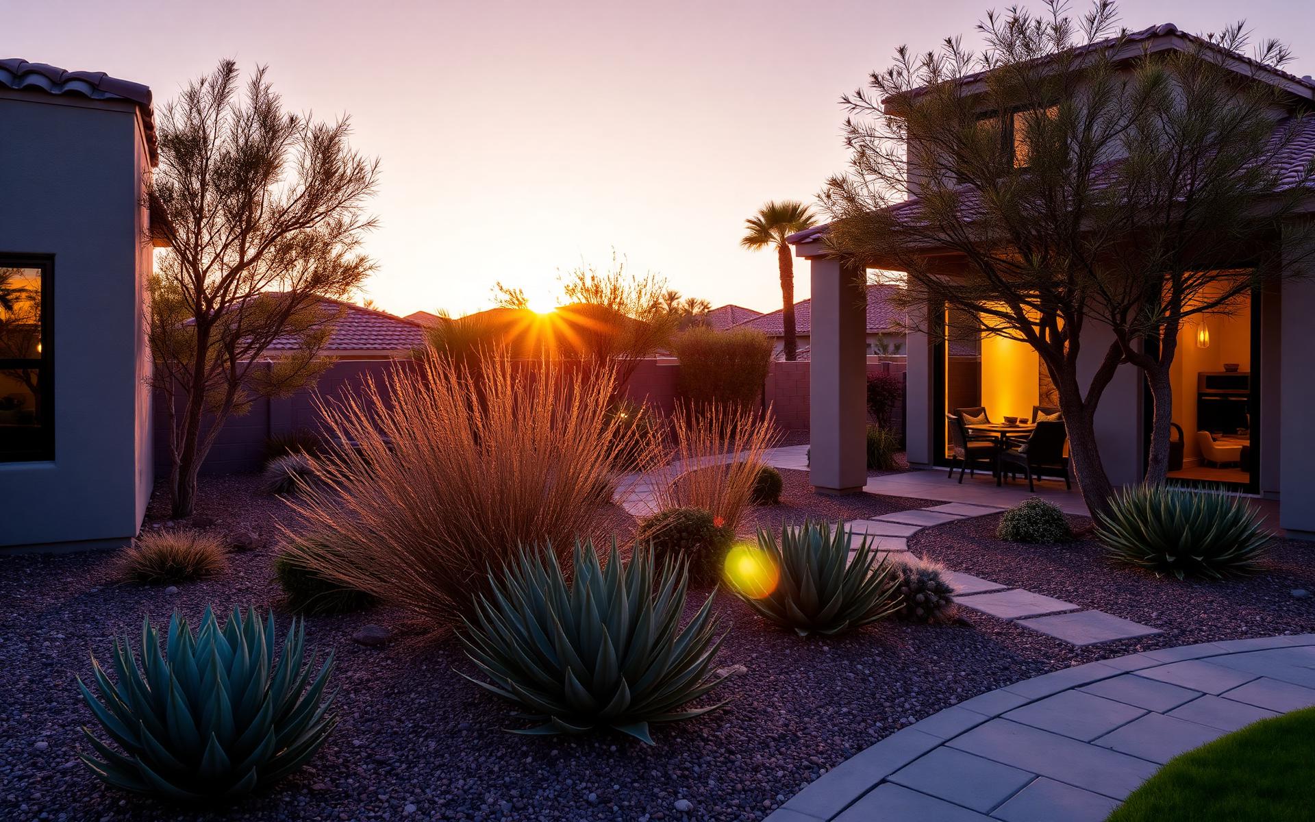Elegantly landscaped desert home at golden hour