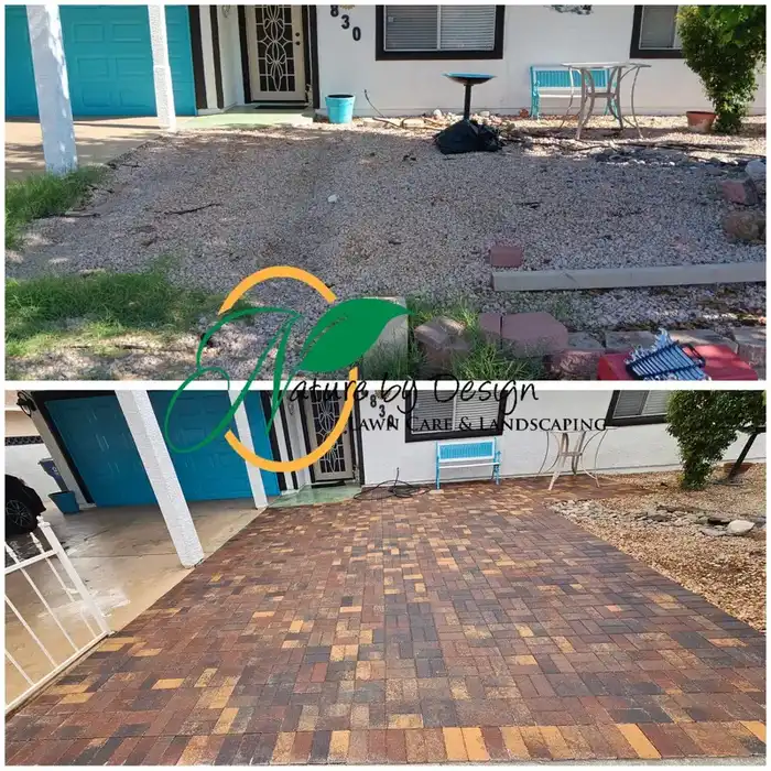 Driveway transformation — gravel before, multi-tone pavers after